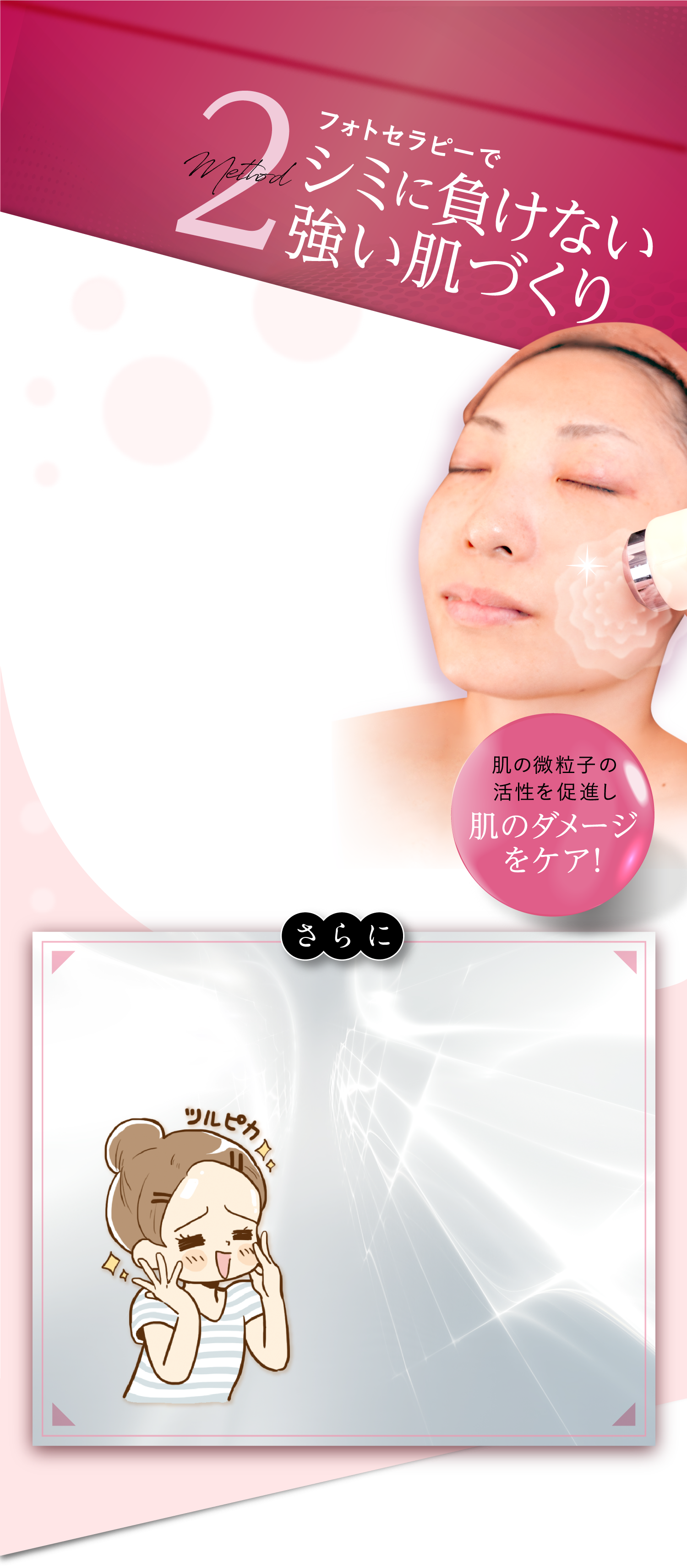 Method2 フォトセラピーでシミに負けない強い肌づくり 肌の微粒子の活性を促進し肌のダメージをケア!さらに