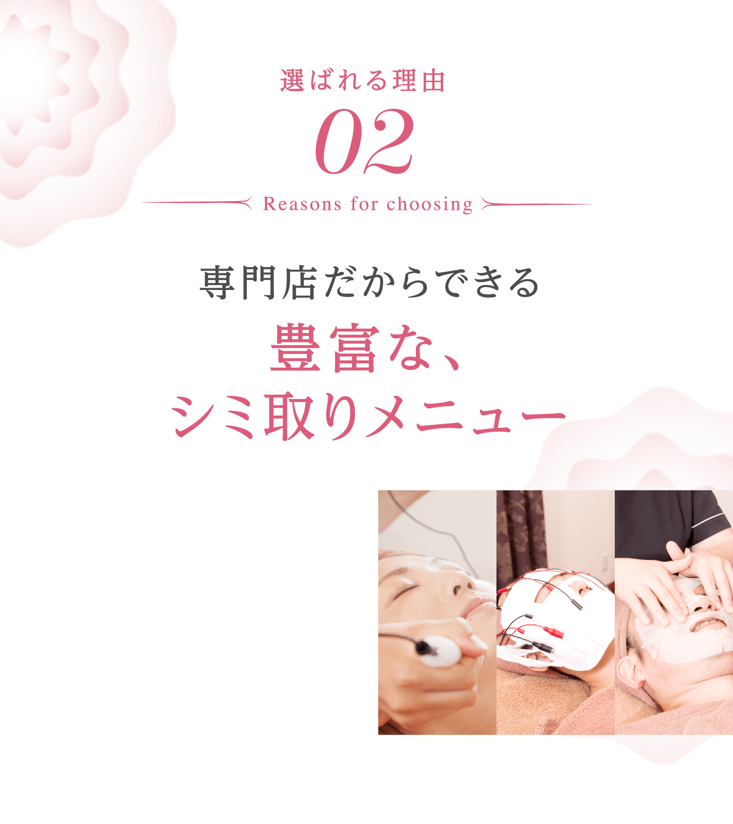 選ばれる理由 02 Reasons for choosing 専門店だからできる 豊富な、シミ取りメニュー
